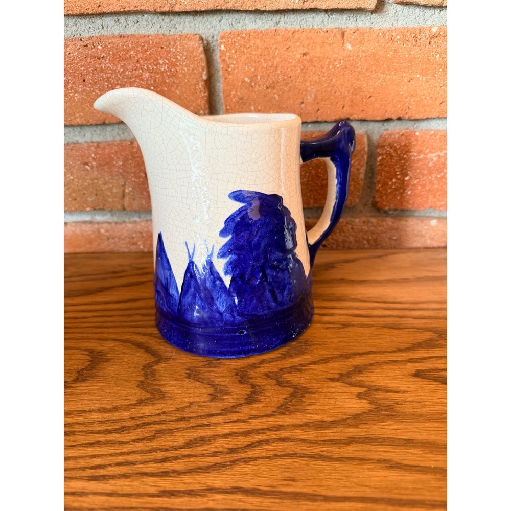 Vintage Old Sleepy Eye-style pitcher, cobalt and cream crackle glaze, 7.5" tall - Picture 2 of 10